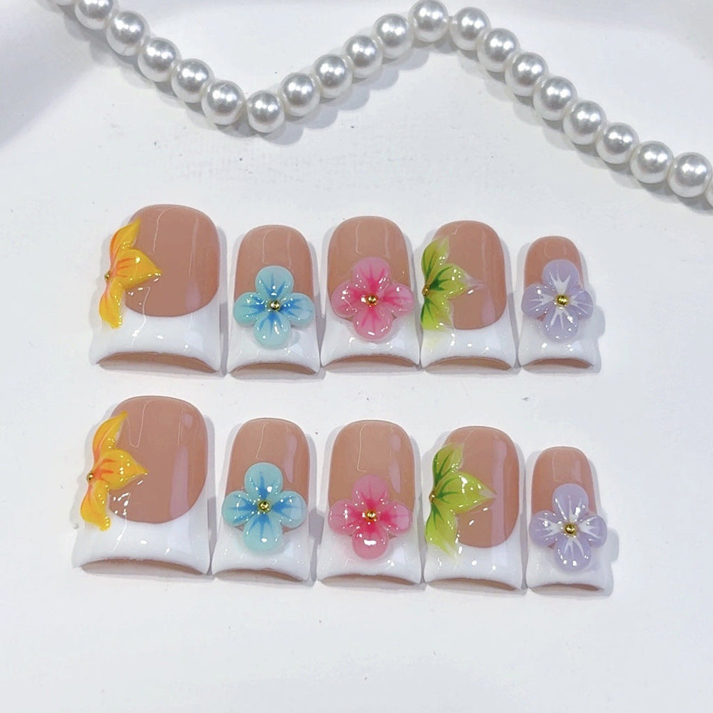 Rainbow Floral French: "Colorful Flower" – Square Press-On Nails – Image 3