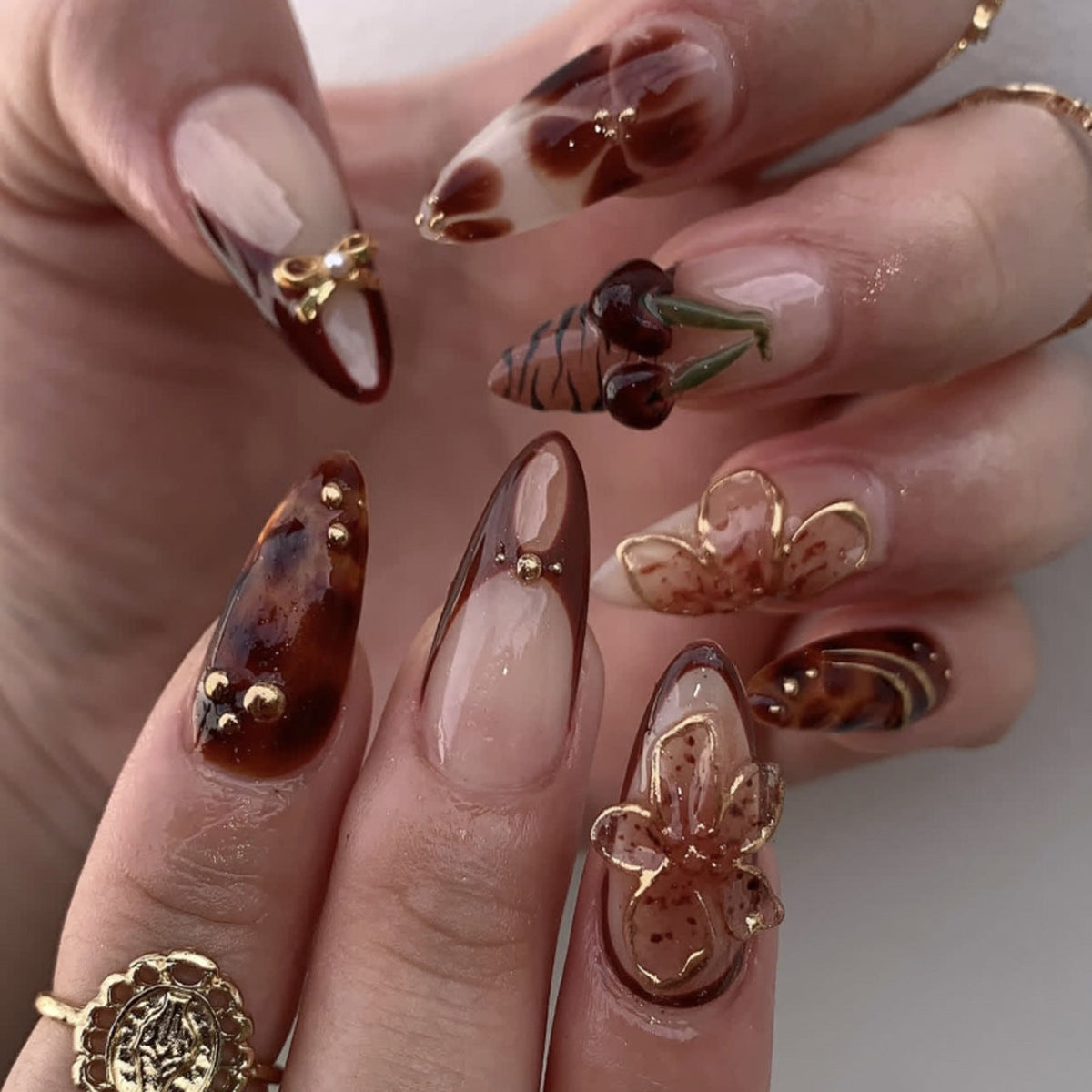3D French Floral Glossy Pink White Almond Short Press On Nails