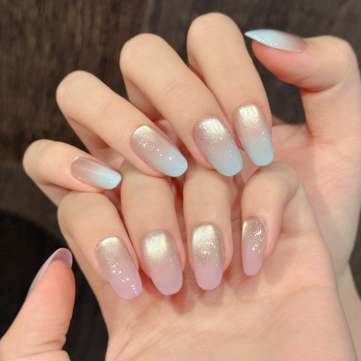 365nails: "Iridescent Aurora" – Hand-Painted Ombré Cat Eye Handmade Press on Nails Short Almond Nails