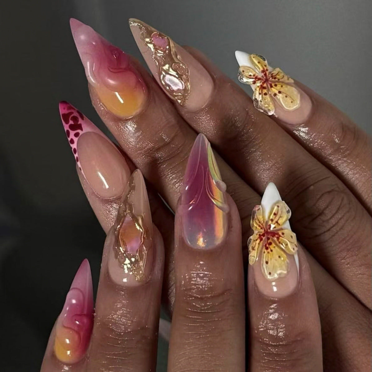 3D French Floral Glossy Pink White Almond Short Press On Nails – Design 11